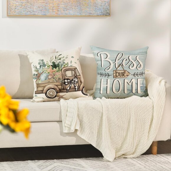 **AVOIN** Bless Our Home Eucalyptus Leaves Starfish Throw Pillow Covers, 20 X 20 - Picture 6 of 8